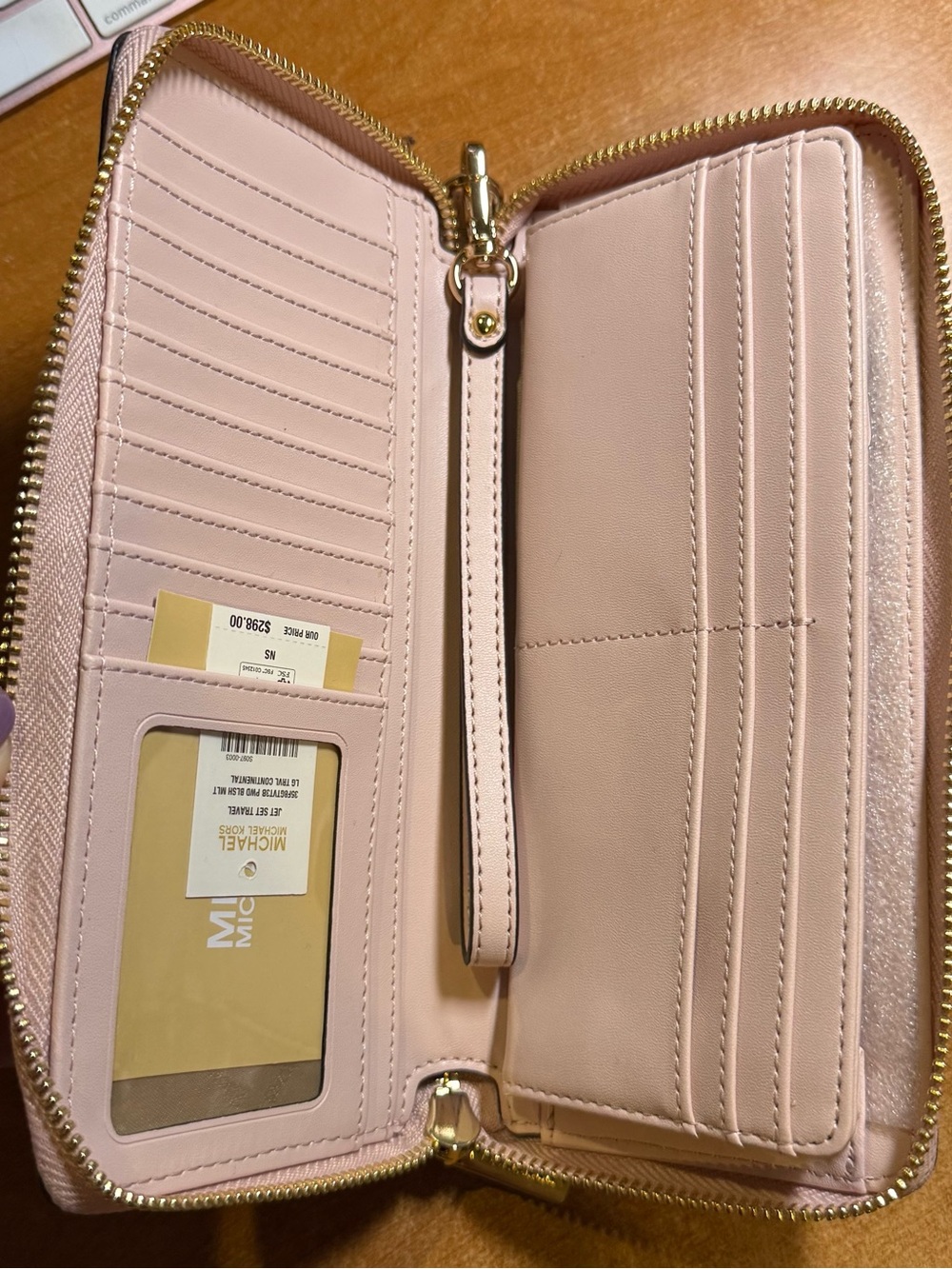 Michael Kors Blush Pink Zip-Around Leather Wristlet Wallet with Gold Hardwar
